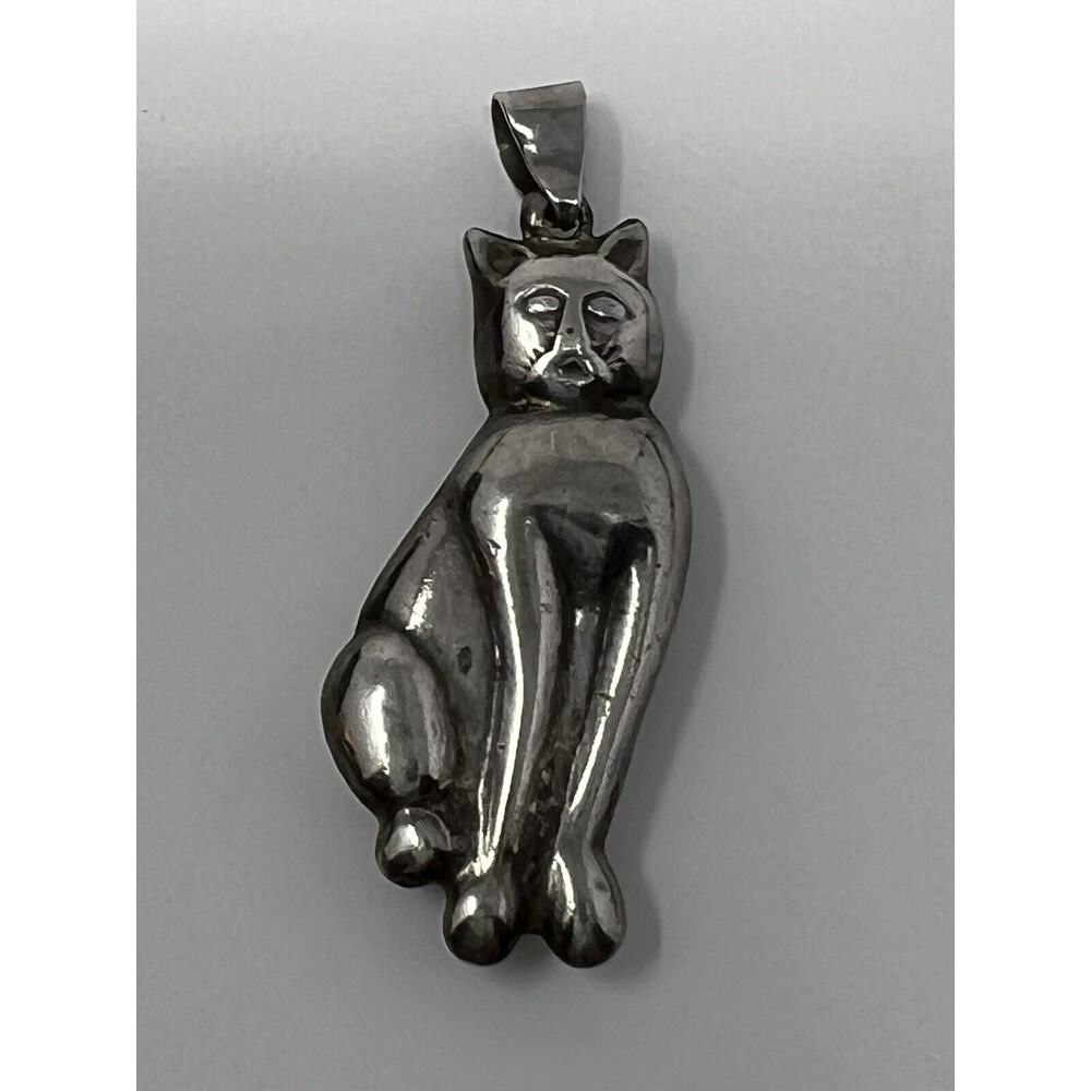 Vintage 3D Sterling Silver .925 Cat Double Sided Pendant 1.5” H Overall